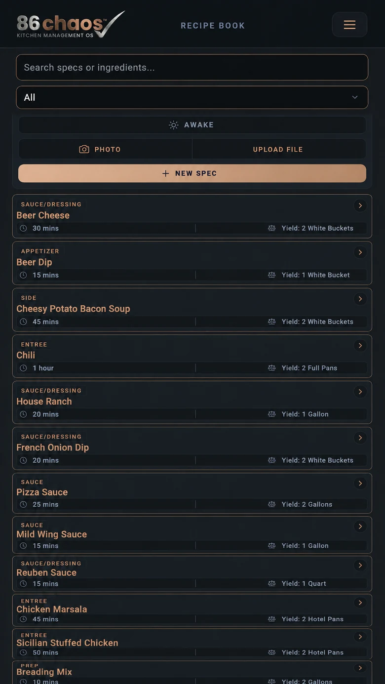 86 Chaos recipe book screen